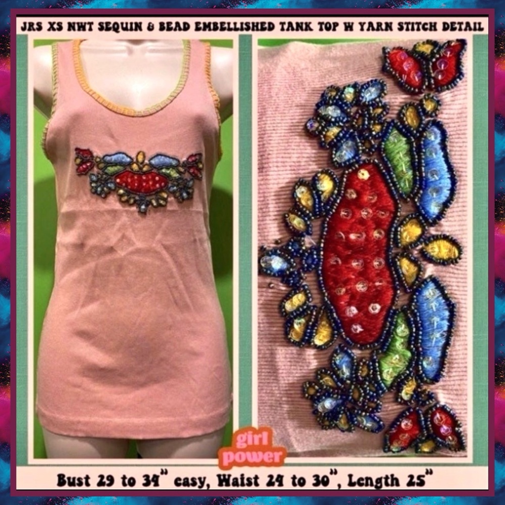 NWT JRS XS RIBBED COTTON TANK TOP EMBELLISHED/SEQUINS/BEADS/YARN